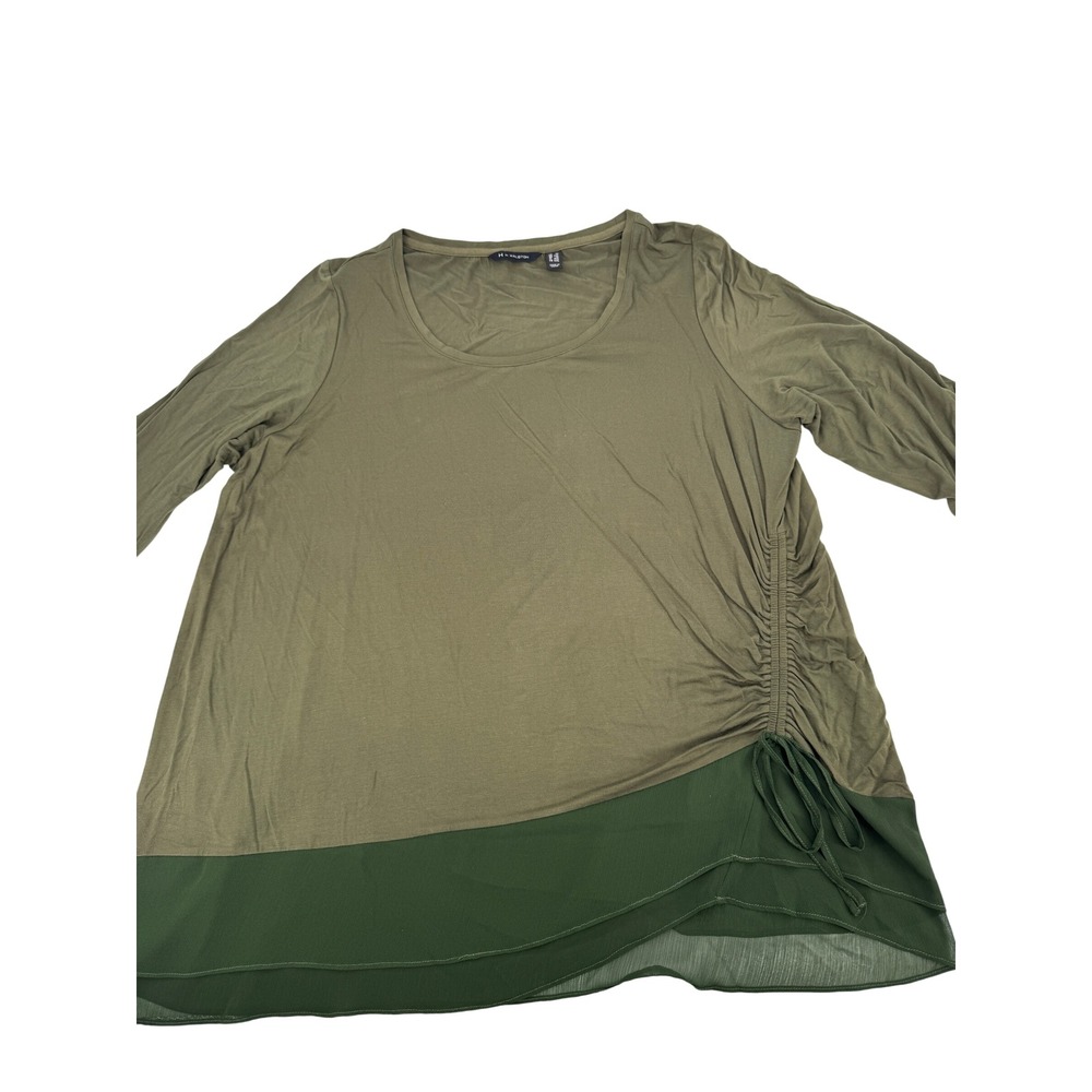 H by Halston Tunic Women 1X Olive Green Layered Side Cinch Ruched 3/4 Sleeve Top